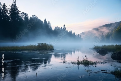 Morning Mist Gradients: Tranquil Lake Water Reflections