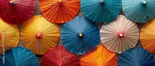 A top view of multicolored cocktail umbrellas with a big space for text or product advertisement background  Generative AI.