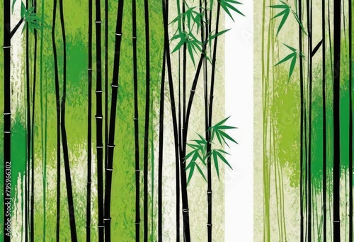 bamboo stalks in different shades of zen green  overlaid with a peaceful multicolored painting of a Japanese garden.