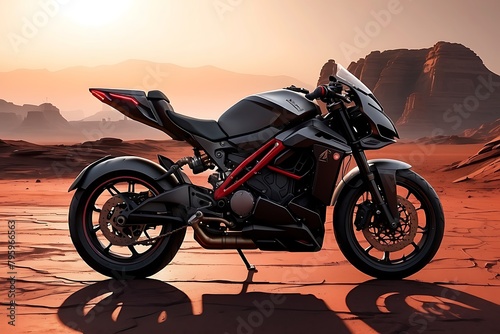 Black sports motorbike in the mountains desert at sunset.
