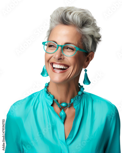 Portrait of a smiling stylish mature woman wearing glasses and looking away, isolated on transparent background