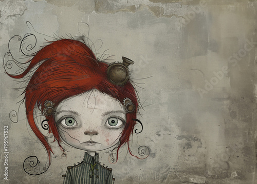 Caricature of the torso of a young red headed female with crazy hair and wearing steampunk style clothing that has been intentionally offset to create copy space.