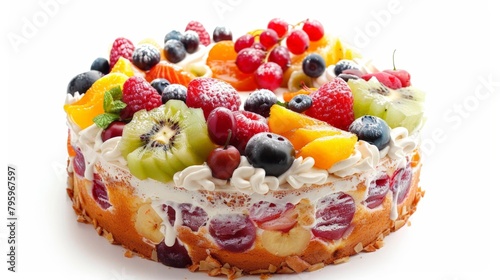 A cake topped with fresh fruit slices