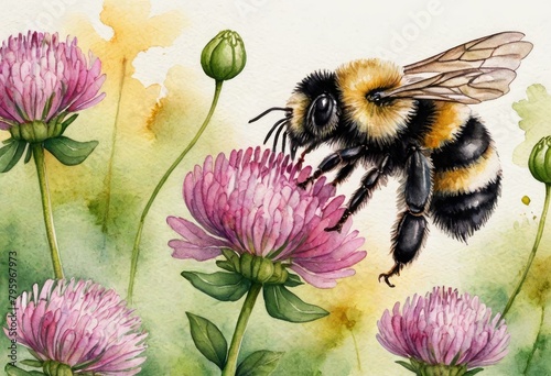 illustration of a bumblebee collecting nectar from a clover flower in watercolor