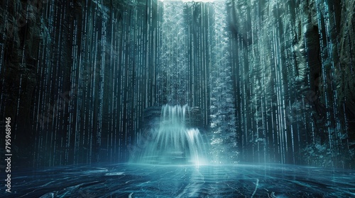 Binary code waterfall cascading into digital abyss