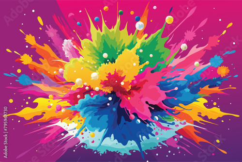 colorful rainbow holi paint color powder explosion vector, isolated wide hot pink panorama background