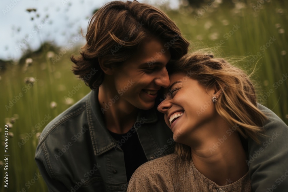 Fototapeta premium Aesthetic couple laughing outdoors bonding