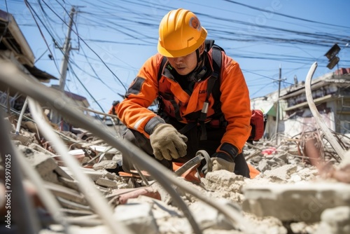 An Asian rescue worker in an orange uniform helmet clothing apparel.