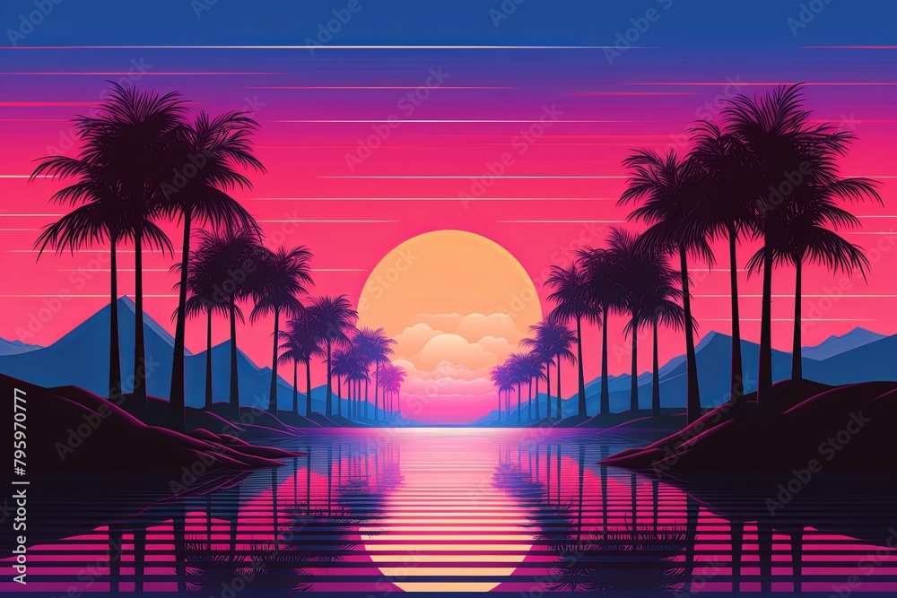 Fototapeta premium Retro Wave Sunset Gradients: Unveiling the Classic Vaporwave Aesthetic