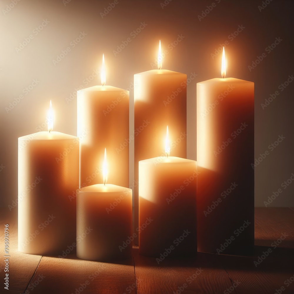 Five lit candles of varying heights, emitting a soft glow against a plain white background Five lit candles of varying heights, emitting a soft glow against a plain white background