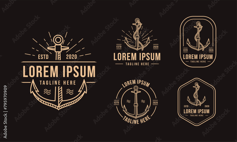Fototapeta premium Modern vintage retro line art anchor logo set illustration template on dark background
