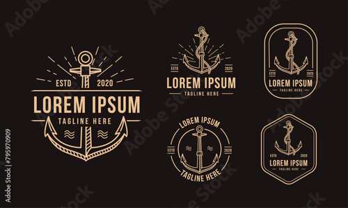 Modern vintage retro line art anchor logo set illustration template on dark background