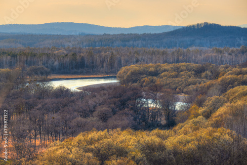 Valley of the Bira River, Jewish Autonomous Region, Russia. Beautiful evening landscape. Top view of the trees. In the distance are forests and hills. Nature of the Russian Far East.