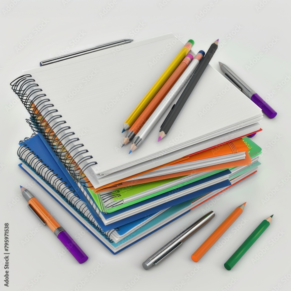 3D Render of a stack of spiral-bound notebooks with pens and pencils scattered nearby, on isolated white background, Generative AI 3D Render of a stack of spiral-bound notebooks with pens and pencils scattered nearby, on isolated white background, Generative AI