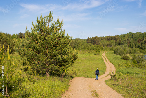 A woman walks along a country road. Back view of a tourist with a backpack walking along a dirt road through a meadow towards the forest. Traveling, hiking, eco-tourism in rural areas. Summer.