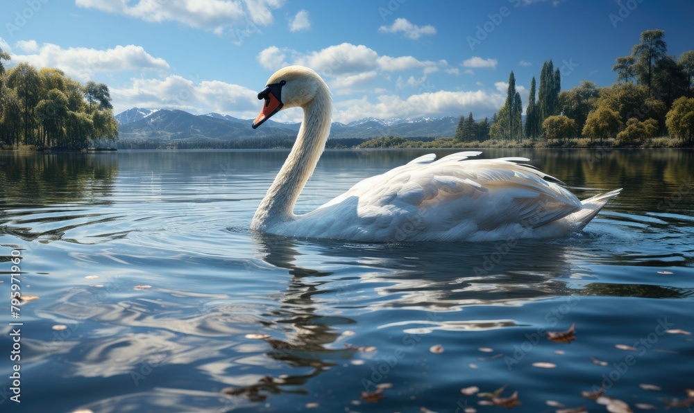 A swan gracefully glides across a still lake against a backdrop of snow-capped mountains. - obrazy, fototapety, plakaty 