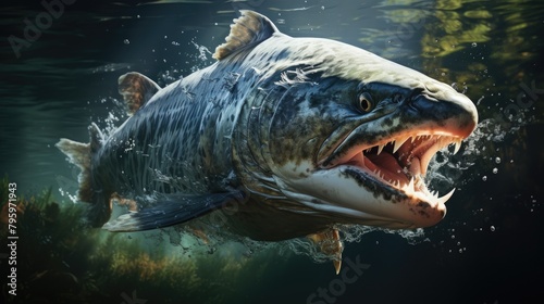 A realistic painting of a very large fish with sharp teeth swimming towards the viewer with its mouth wide open.
