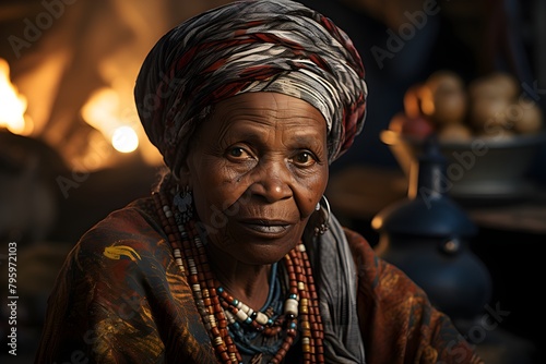 Portrait of a old African woman sitting at the fire in her kitchen. Zanzibar, Tanzania