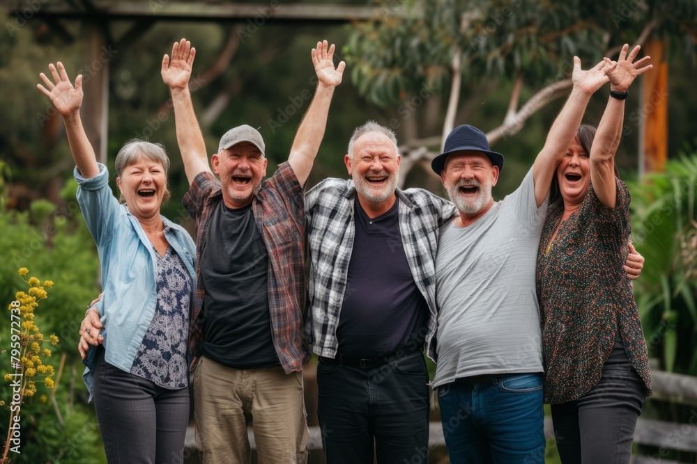Group of senior friends having fun together in the garden. Group of elderly friends having fun outdoors. Group of senior friends having fun together in the garden. Group of elderly friends having fun outdoors.