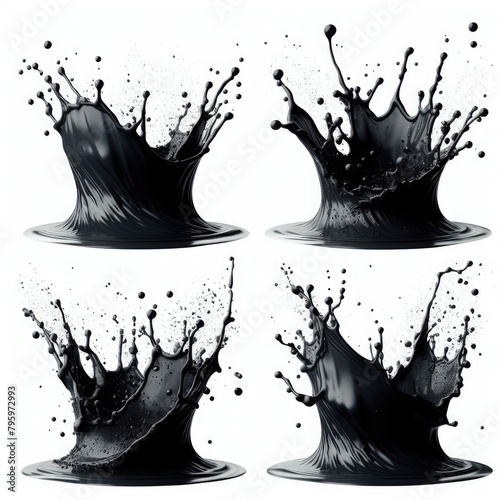 Four separate splashes of a black liquid, captured mid-motion against a white background
