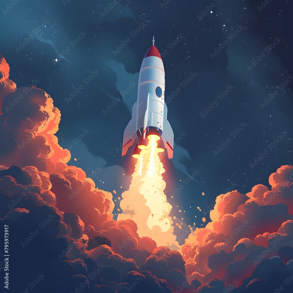 Fototapeta premium Sleek Minimalist Rocket Ascending Through Stratospheric Clouds in Vibrant Futuristic Flight