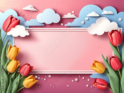  A horizontal banner featuring a sky, flowers, and paper-cut clouds with space for text ideal for a Happy Mother's Day sale header or voucher template with tulips. A spring border frame and promo 