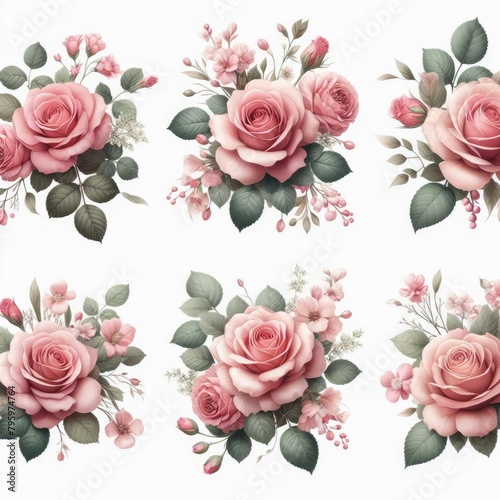 Six separate clusters of pink roses on a white background