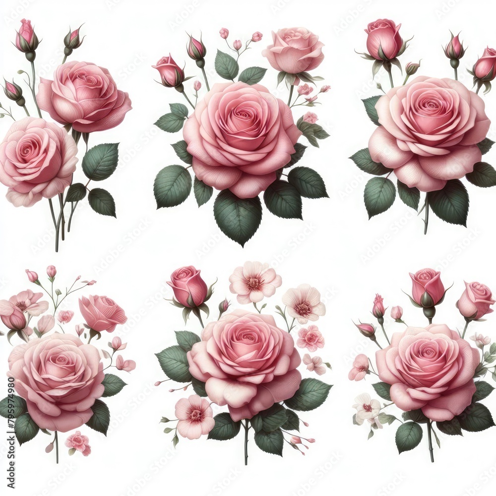 Six separate clusters of pink roses on a white background