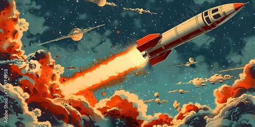 Sleek Rocket Piercing the Azure Sky in Bold Comic Inspired Style