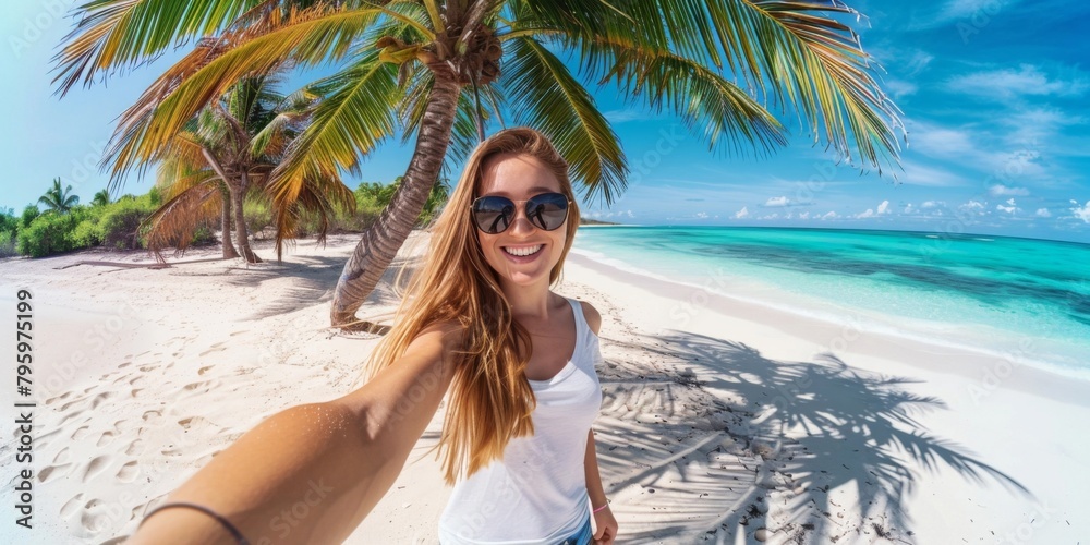 Woman Wearing Sunglasses Taking Selfie on White Sand Beach, Sea in Background - Summer Escape, Holiday travel.