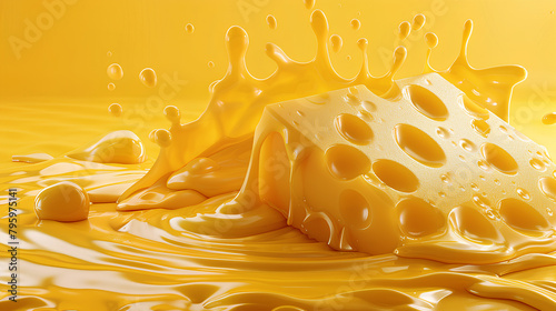 Splash of Cheese with drip and melting sauce splashing isolated on white background, cheese slice with liquid swirl, ingredients for making food photo