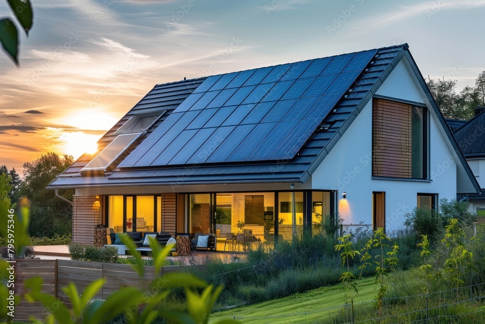 Solar panels outdoors sunset house. Solar panels outdoors sunset house.