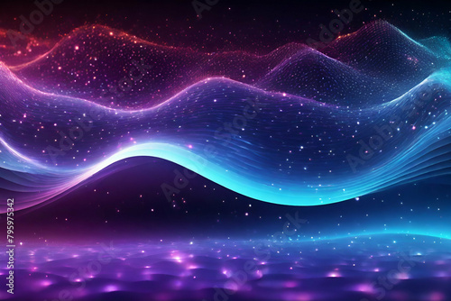 wave particles background 3D illuminated digital wave of glowing particles. Futuristic and technology