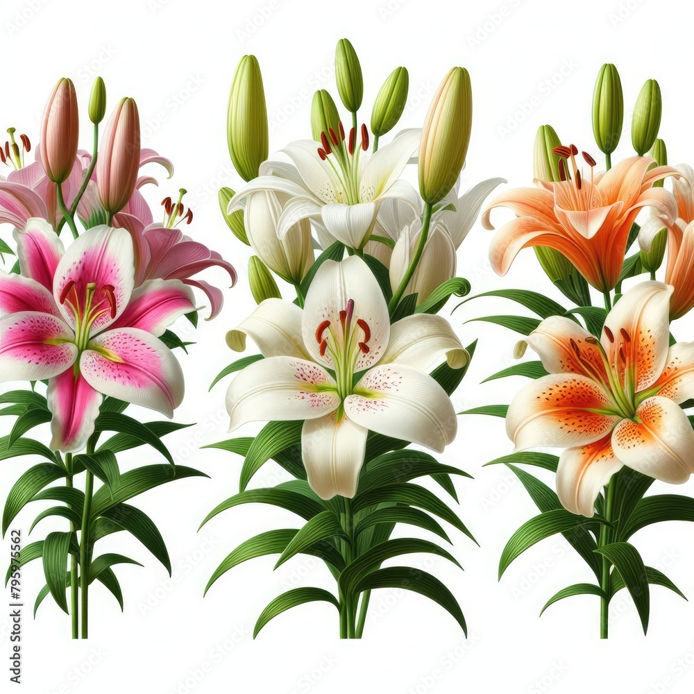 Fototapeta premium Three separate bunches of lilies against a white background. The first bunch on the left consists of pink lilies with white tips and dark pink spots, surrounded by green leaves and unopened buds