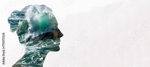 Abstract conceptual Woman's profile filled with a seascape scene. World Oceans Day. World Environment Day. International Mother Earth Day. concept portraiture, double exposure, banner, place for text 
