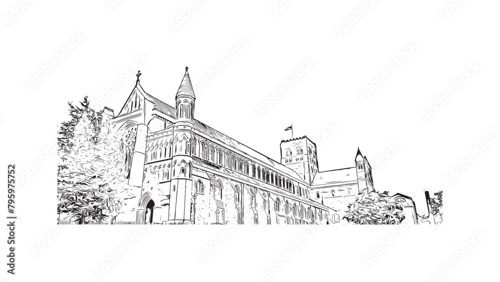 Print Building view with landmark of St Albans is a city in England. Hand drawn sketch illustration in vector. 