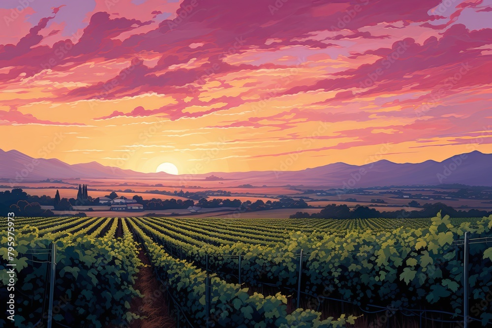 Vibrant Grapevine Horizon: Sunset Over Vineyard Gradients