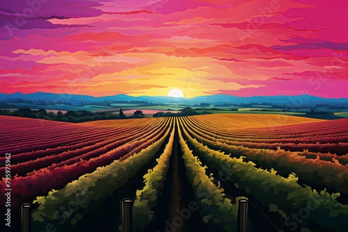 Vineyard Gradient Spectra: Mesmerizing Sunset Over Evening Vines photo