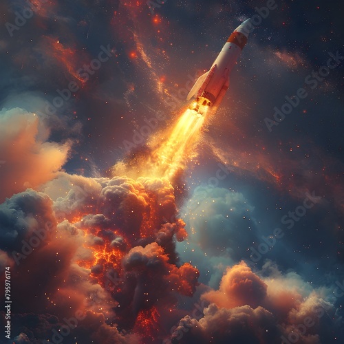 Minimalist High Tech Rocket Blasting Off into the Starry Night Sky