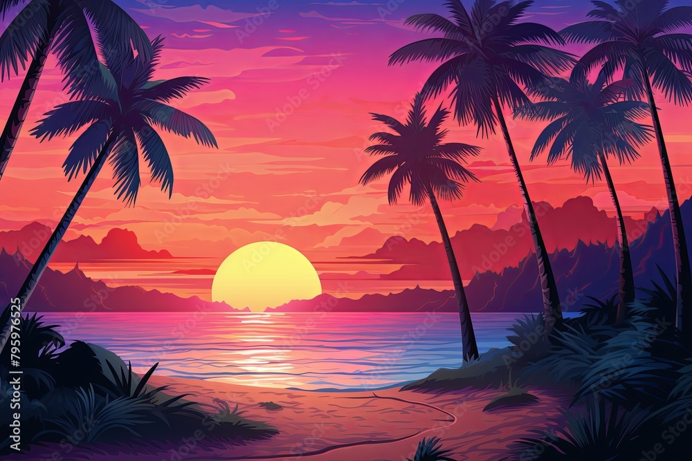 Tropical Island Sunset Gradients: Exotic Beach Twilight Hues Capture Serene Beauty
