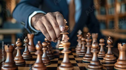 a person's hand holding a chess piece on a chess board, with a brown wooden chair in the background