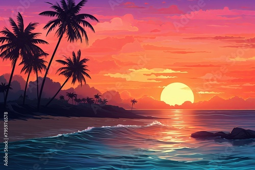 Tropical Island Sunset Gradients  Horizon Colors Over Ocean Bliss