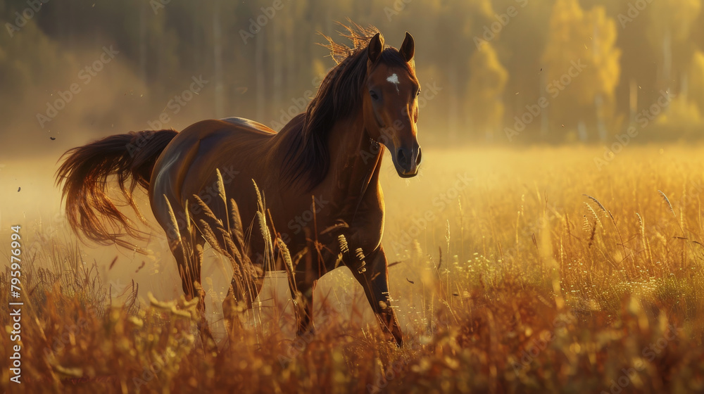 A majestic horse gallops through a golden sunrise-lit meadow A majestic horse gallops through a golden sunrise-lit meadow