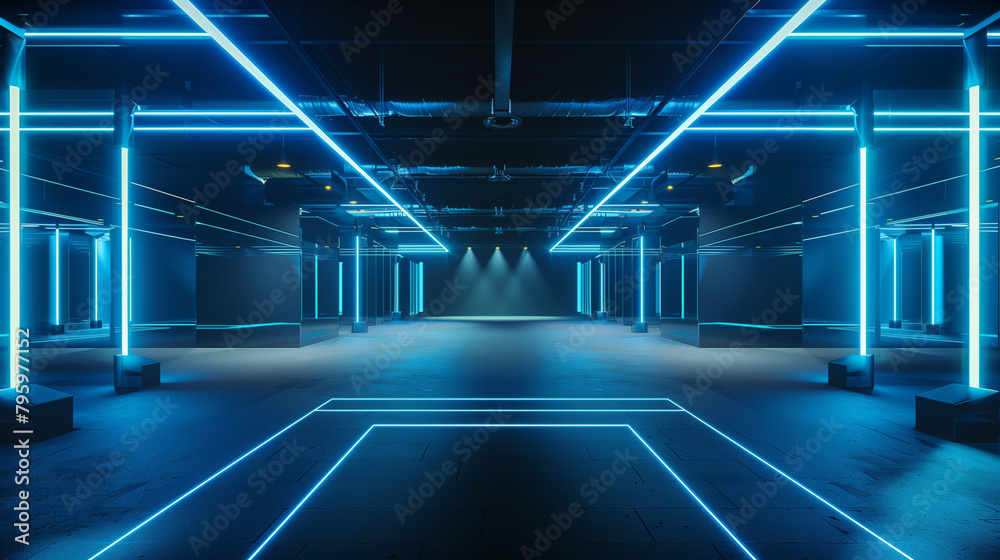 A blue room with a staircase and a white square in the middle A blue room with a staircase and a white square in the middle