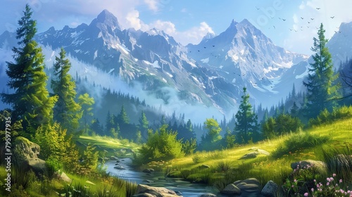 Mountain scene with stream and dense woodland