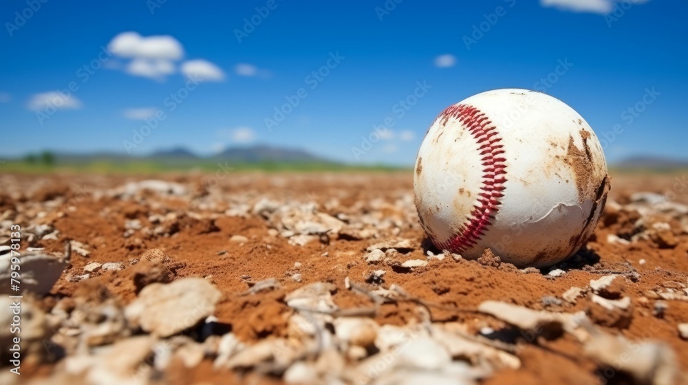 b'Close up of a baseball on a dry dirt field with blue sky and mountains in the background'