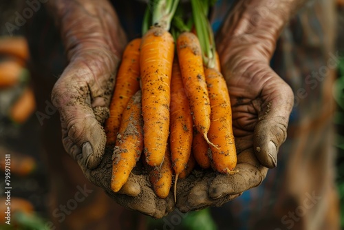Wrinkled hands of a farmer holding freshly-harvested carrots