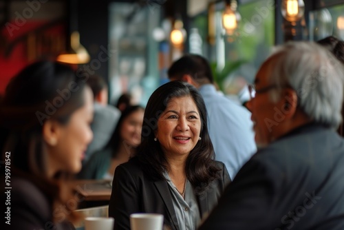 Group of business people talking in a coffee shop. Businessman and businesswoman having a meeting in a coffee shop.