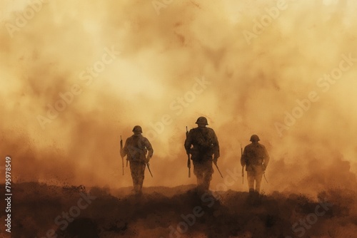 soldiers on the battlefield in world war ii, no visible faces. dusty background Illustration © LadiesWin