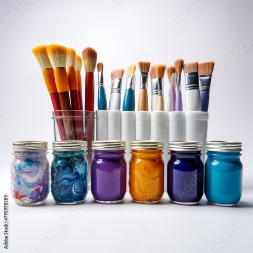b'An assortment of paintbrushes and jars of paint'